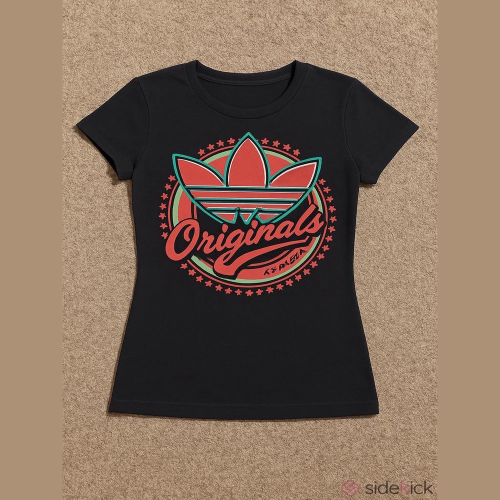 Adidas Women’s Black and Red Graphic Fitted Cap Sleeve Tee Size: S
